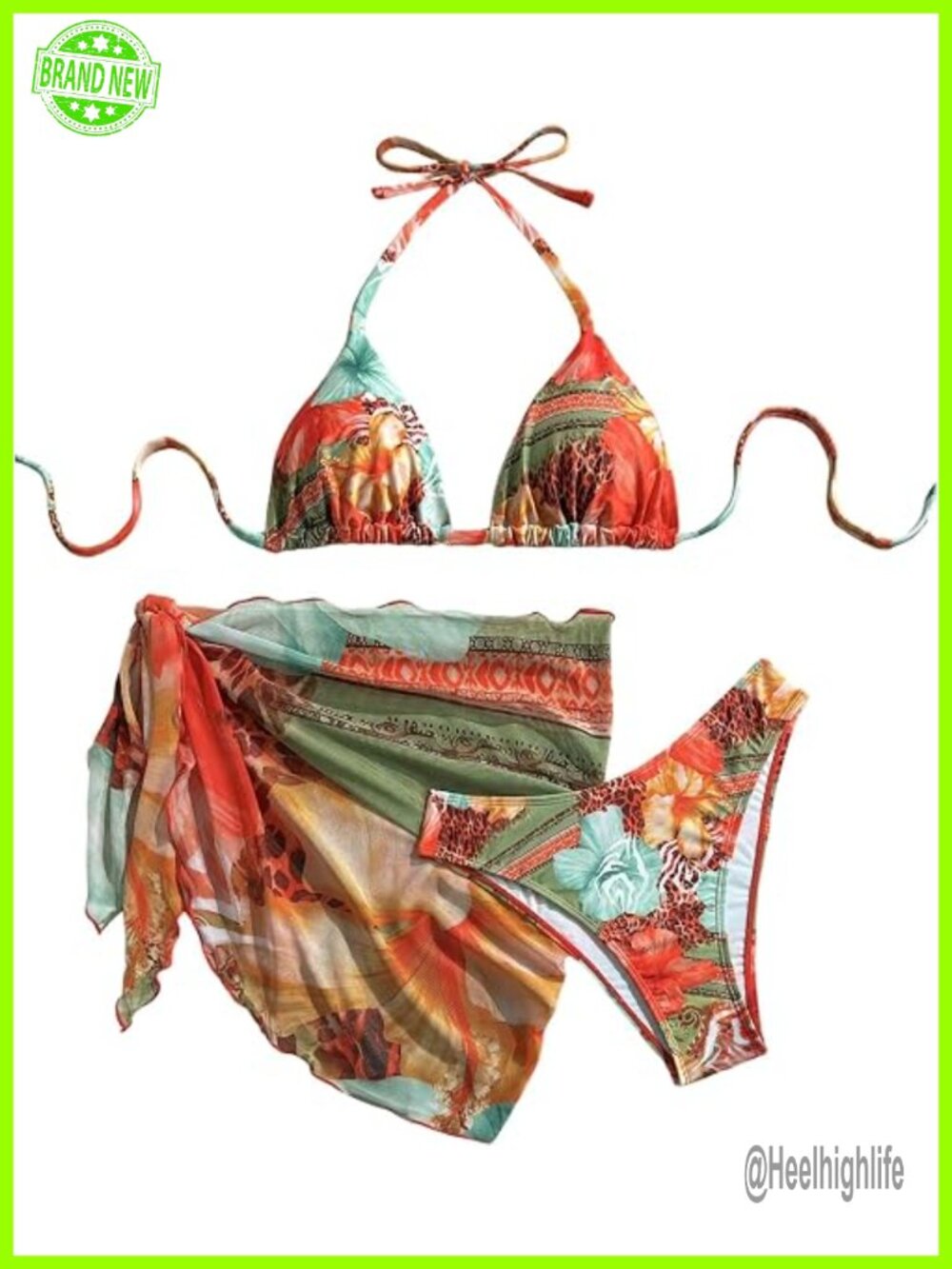 3-Piece Floral Print Bikini Set Halter Triangle with Textured Cover Up Skirt